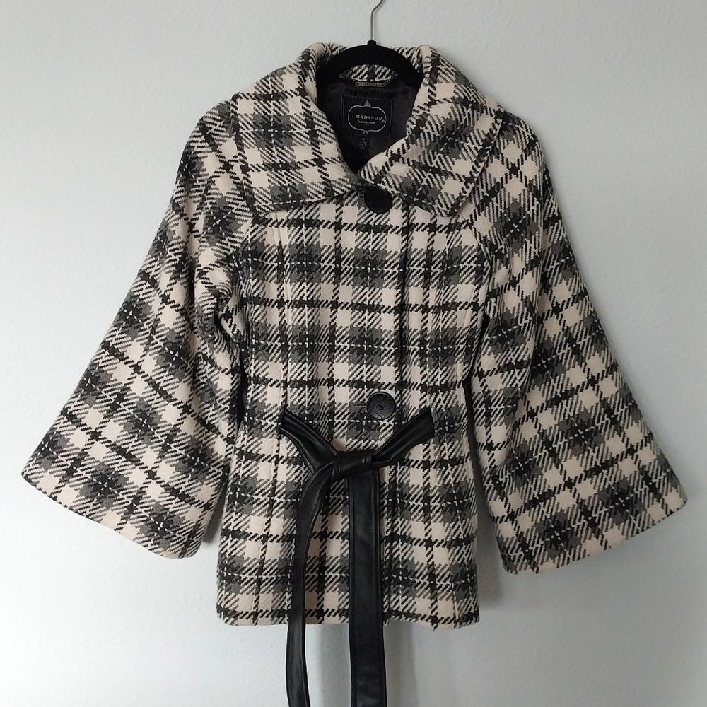 1 Madison Gray and Black Plaid Wool Blend Bell Sleeve Belted Coat NWOT